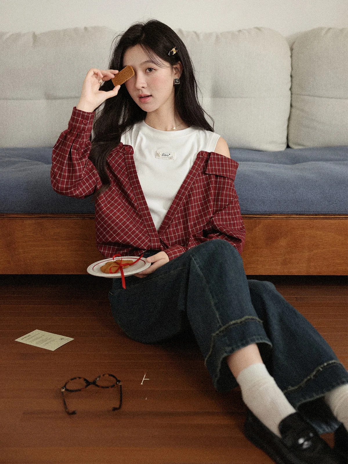 

South Deer Warm Fce Plaid irt Women's Loose Long Sve Top Casual Sle Fake Two-Piece Autumn Faion Ladies' Blouse