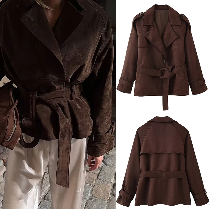 

Autumn Turn-down Collar Long Sleeve Buttons Decoration Loose Jacket Coat Women Belted Lace-Up Short Tops Female Casual Wear