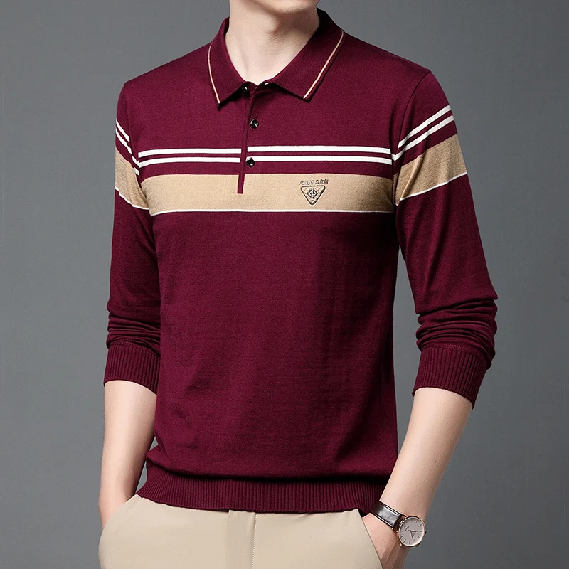 Atasan kerah Polo rajut warna polos, bordir dasar sederhana harian kasual Pullover kerah Lapel untuk pria