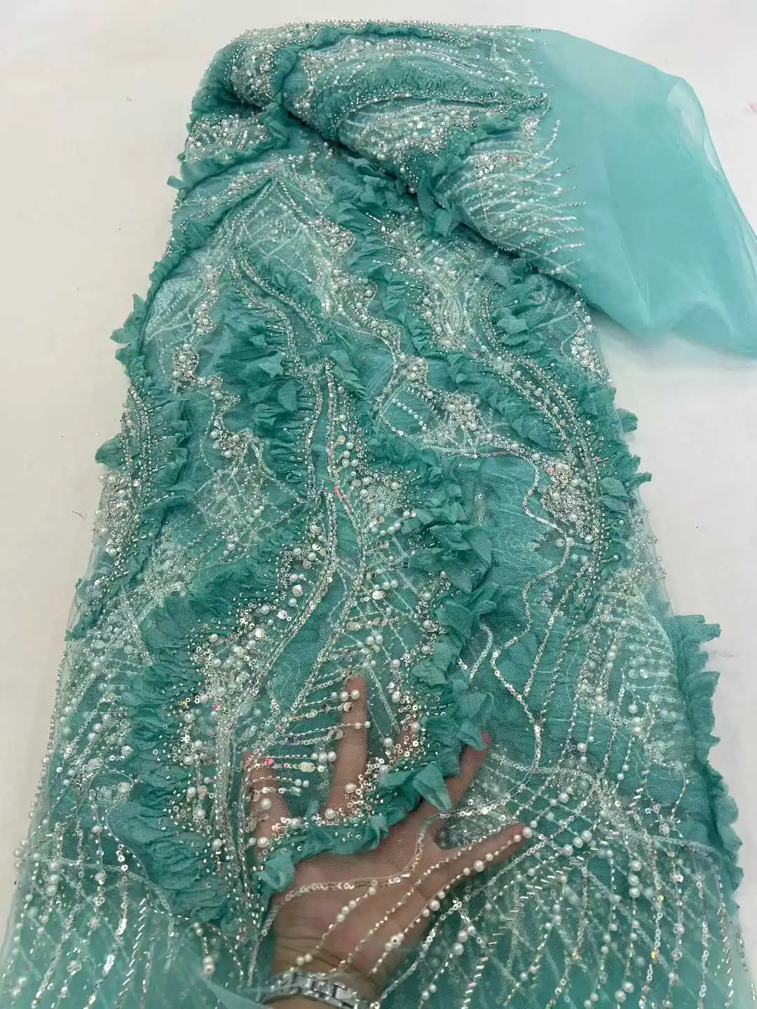 

Элитная африканская кружевная ткань цвета экрю, высококачественная, для свадебных нарядов жениха и невесты в нигерийском стиле, с 3D цветочной вышивкой, французский тюль, пайетки, для шитья