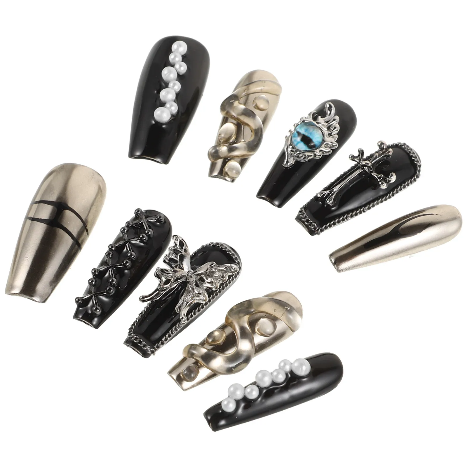 

10Pcs Press on Nails Black Coffin Shape Handmade Gothic Fake Nails with Butterfly Cross Charms Spooky Halloween Nail Art Full