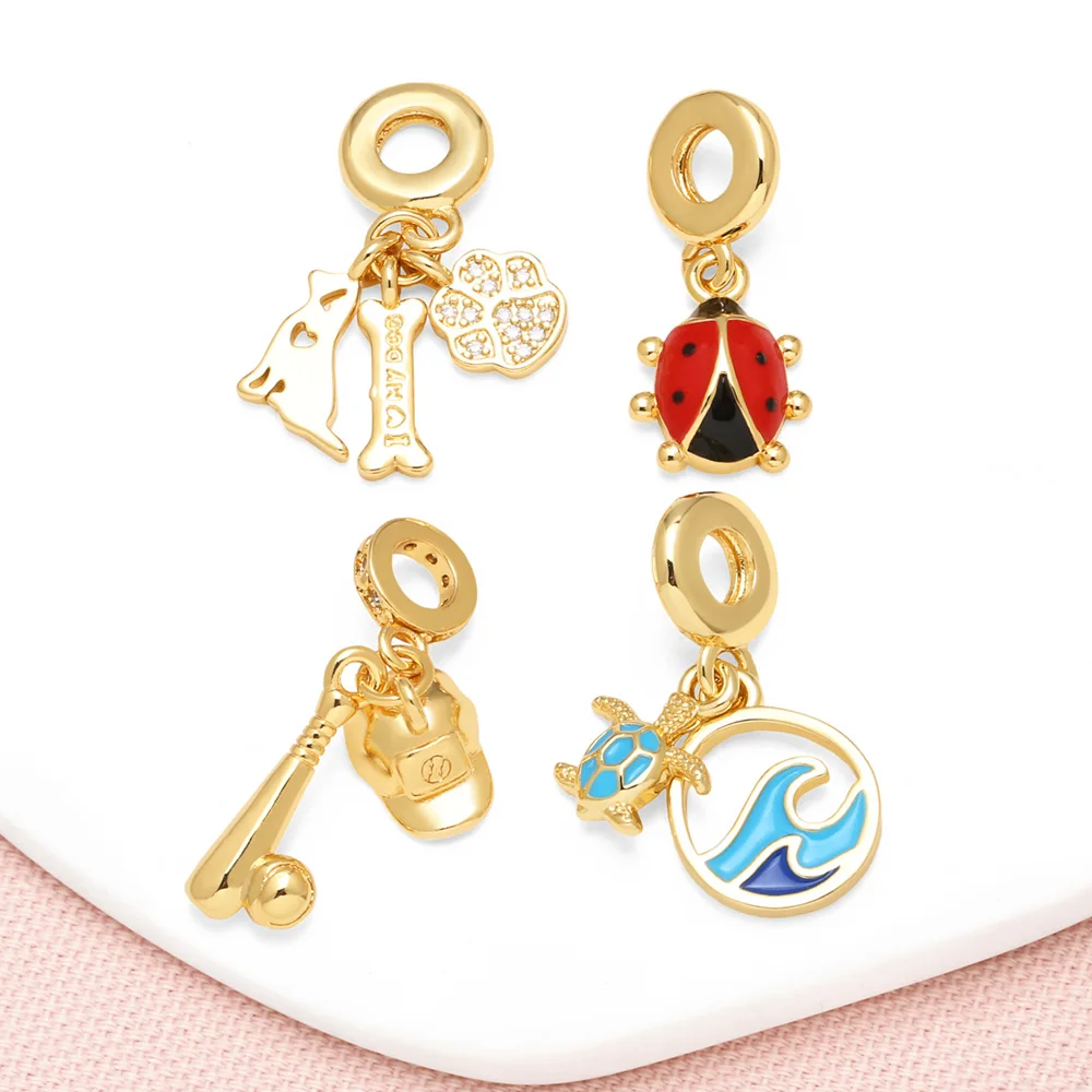 OCESRIO Trendy Enamel Turtle Sea Wave Pendant for Necklaces Copper Gold Plated Baseball Beetle Jewelry Making Component pdtb682