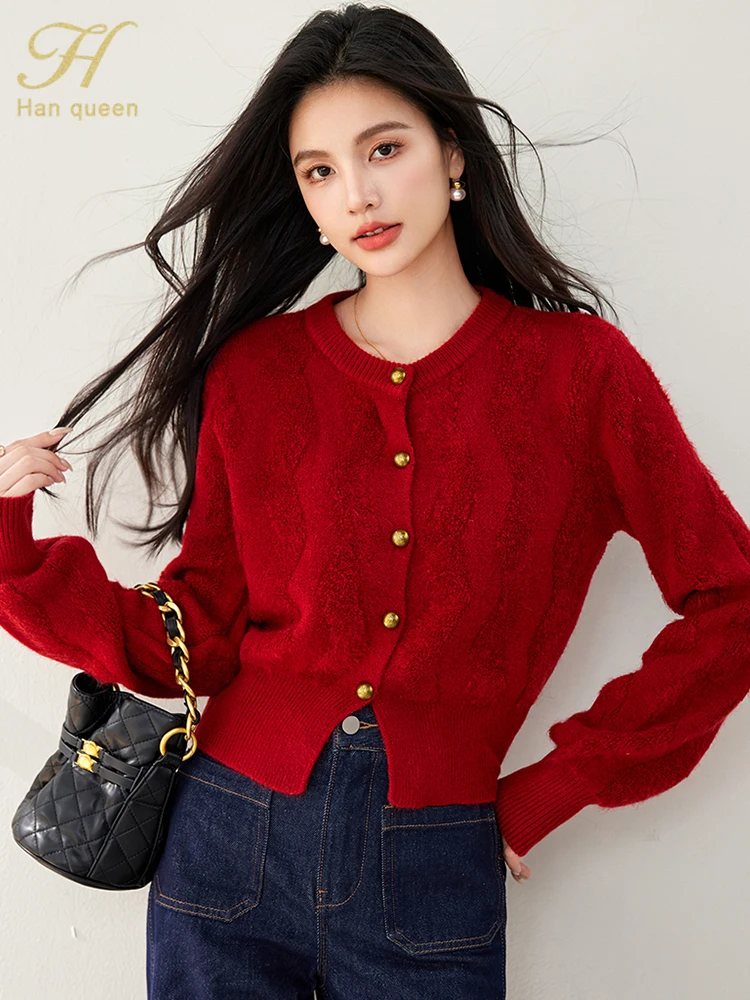 H Han Queen 2024 Autumn Winter Knitted Sweater Korean Vintage Red Jacket Cardigan Women Long Sleeve Female Clothing Fashion Tops