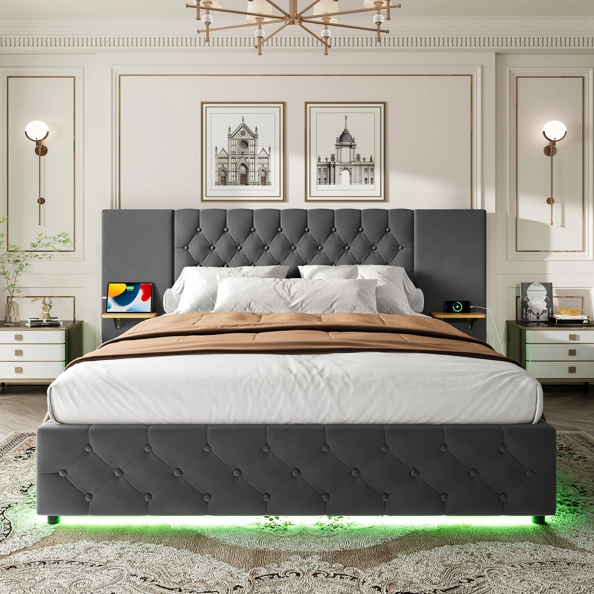 LVHOM Cama Moderna de Terciopelo de 140/160×200cm - Cabecera Extralarga con Estante, Puertos USB, Luces LED y Almacenamiento Oculto, Gris.