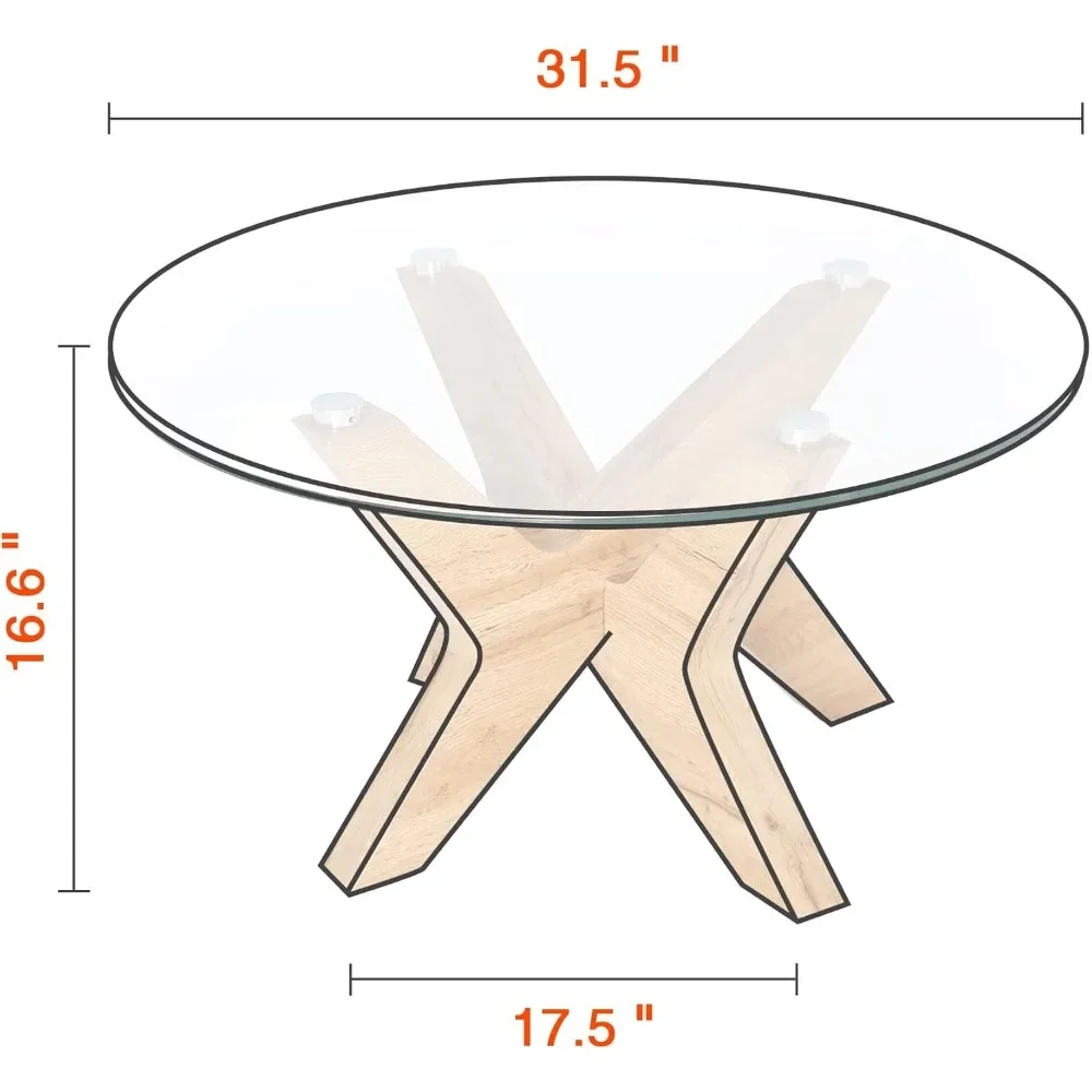 Mesa de café redonda de vidro para sala de estar, mesa de sotaque clara, mesa de coquetel com perna MDF