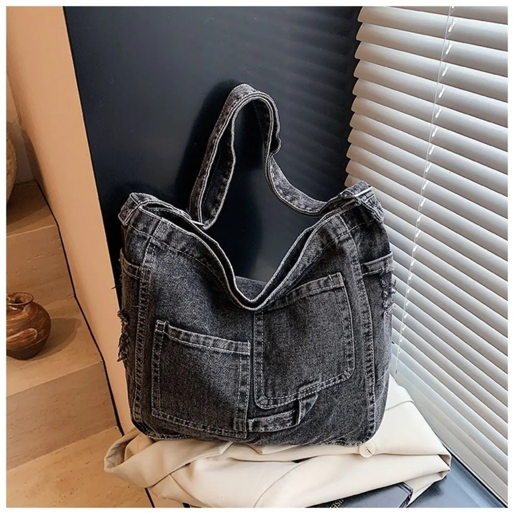 Trendy Vintage Denim Umhängetasche Vielseitig Große Kapazität Hobo Sling Tasche Zipper Cross Body Satchel Taschen Frauen Männer