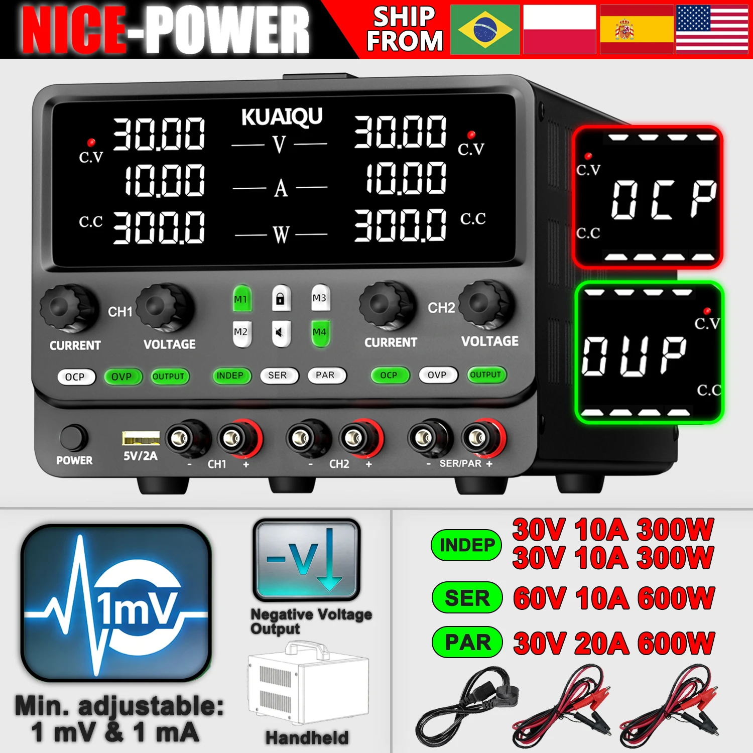 KUAIQU Dual Channel DC Adjustable Lab Power Supply With OCP/OVP, Negative Voltage Output, Series/Parallel Output Portable Design