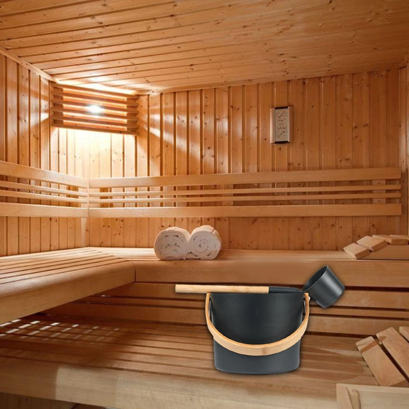 7L Black Sauna Aluminum Bucket Long Handle Spoon Set Matching Ladle Sauna Barrel Perfect Props for Bathrooms Steam Baths