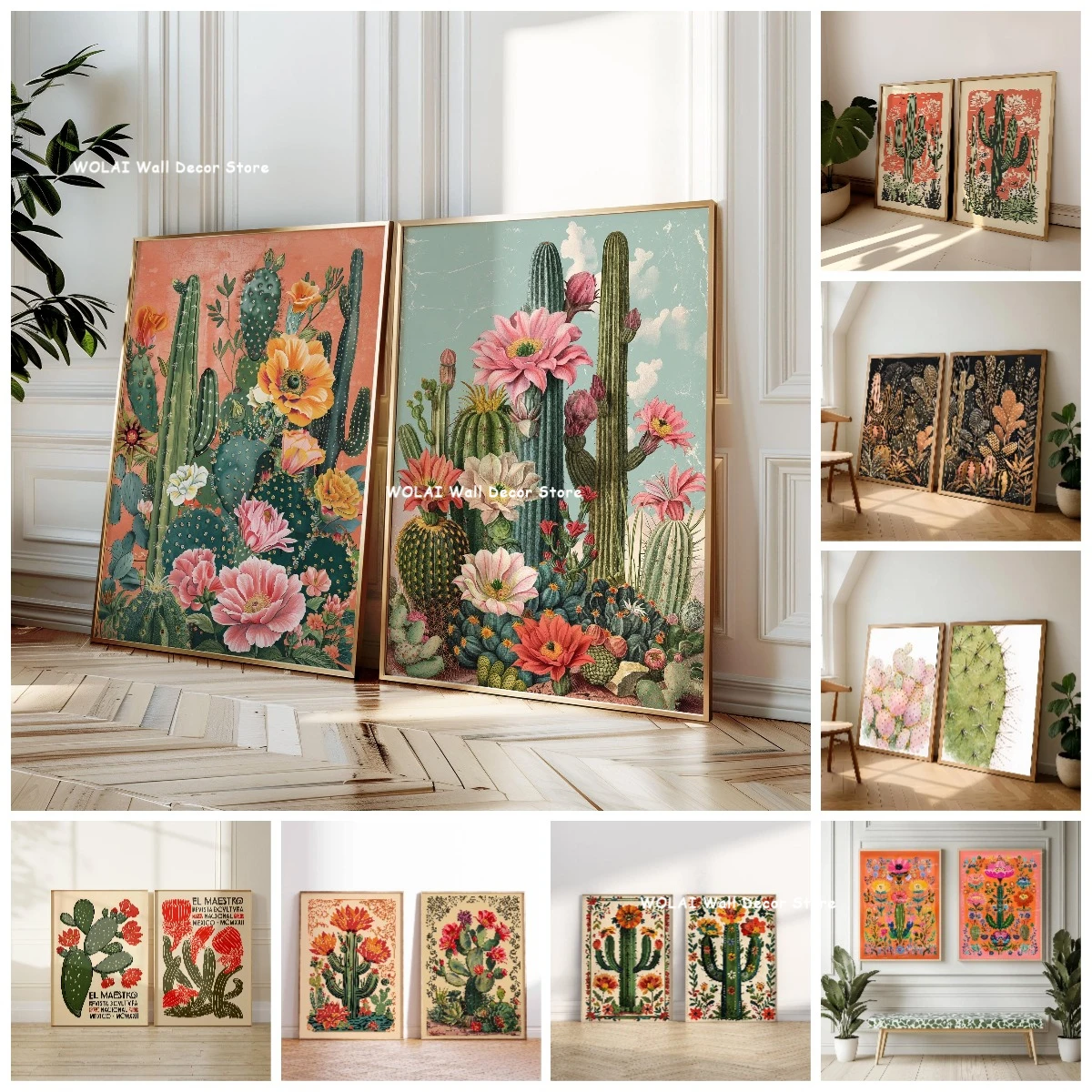 2pcs/set Retro Mexican Desert Cactus Flower Canvas Printing Western Desert Plant Wall Art Poster for Modern Southwest Home Decor