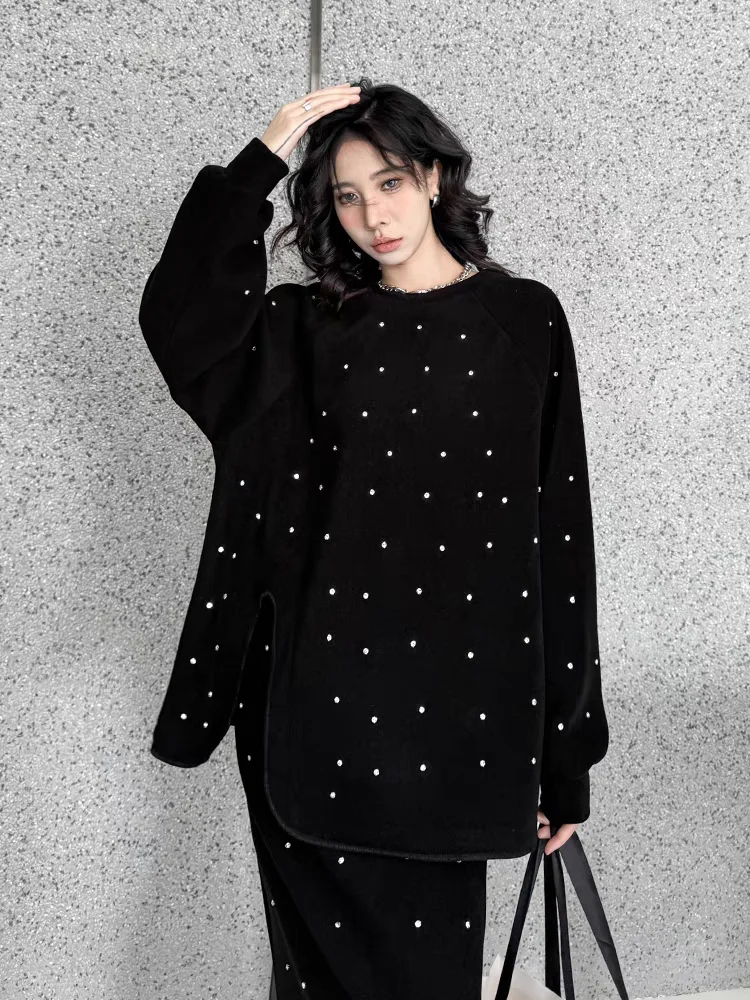 Heavy Industry Beads Air Cotton Fashion Suit 2024 Spring New Round Neck Long Sleeve Split Top Skirt 2 Piece Sets Women Outifits