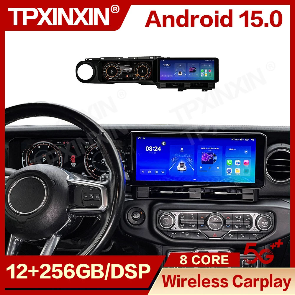 Dual 12.3 Inch Android 15 QLED Screen Car Radio For Jeep Wrangler 2018-2022 CarPlay Multimedia Player GPS Navi Stereo Head Unit