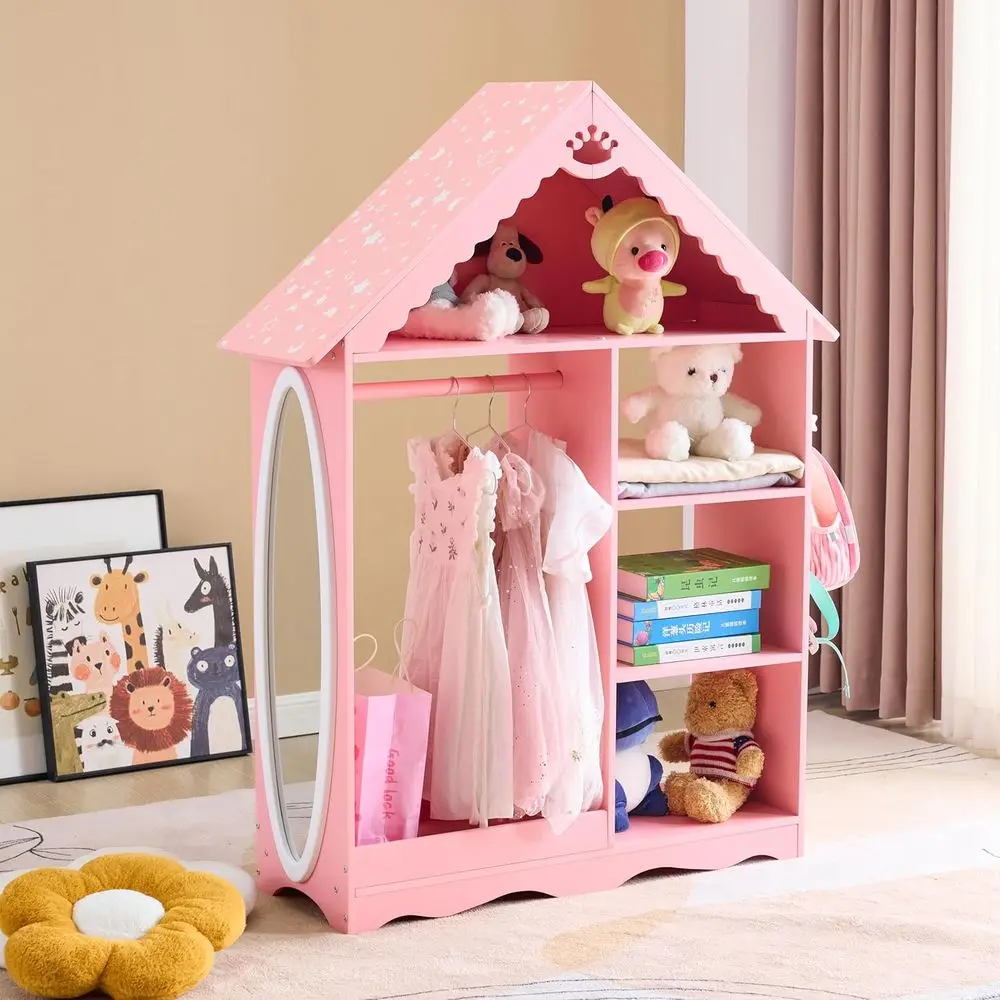 

Детский гардероб в форме с зеркалом и милым принтом, открытый подвесной шкаф принцессы с полками для хранения, детский Prete