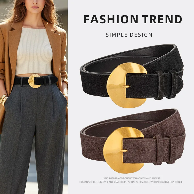 

Новые ретро темпераментные нишевые женские замшевые кожаные ремни, женские модные джинсы индивидуального дизайна, ремень с золотой пряжкой