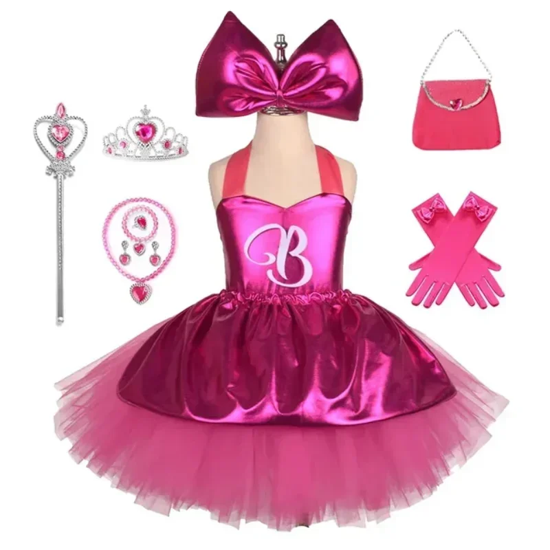 Barbi Princess Tutu Dress Girls Movie Outfit Pink Plaid Barbi Costume for Kids Halloween Birthday Party Tulle Dresses Clothes