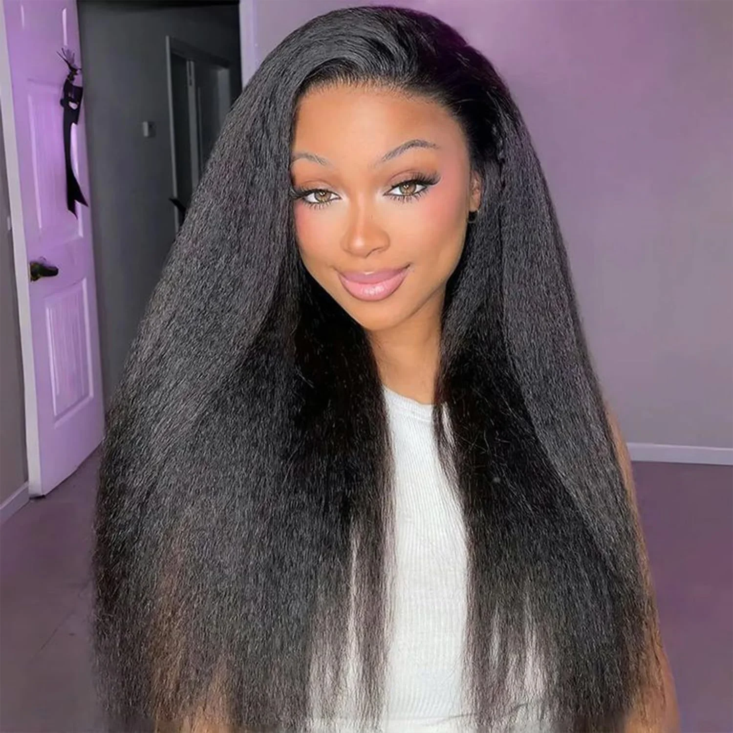 

Kinky Straight Half Wig Human Hair no Lace Glueless Wig Ready to Wear 3 IN 1 Half Wig Ready-to-Wear Yaki Straight Glueless Wig