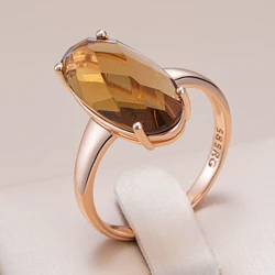 Kinel Fashion Big Oval Light Brown Natural Zircon Bride Ring Simple 585 Rose Gold Color High Quality Daily Jewelry for Women
