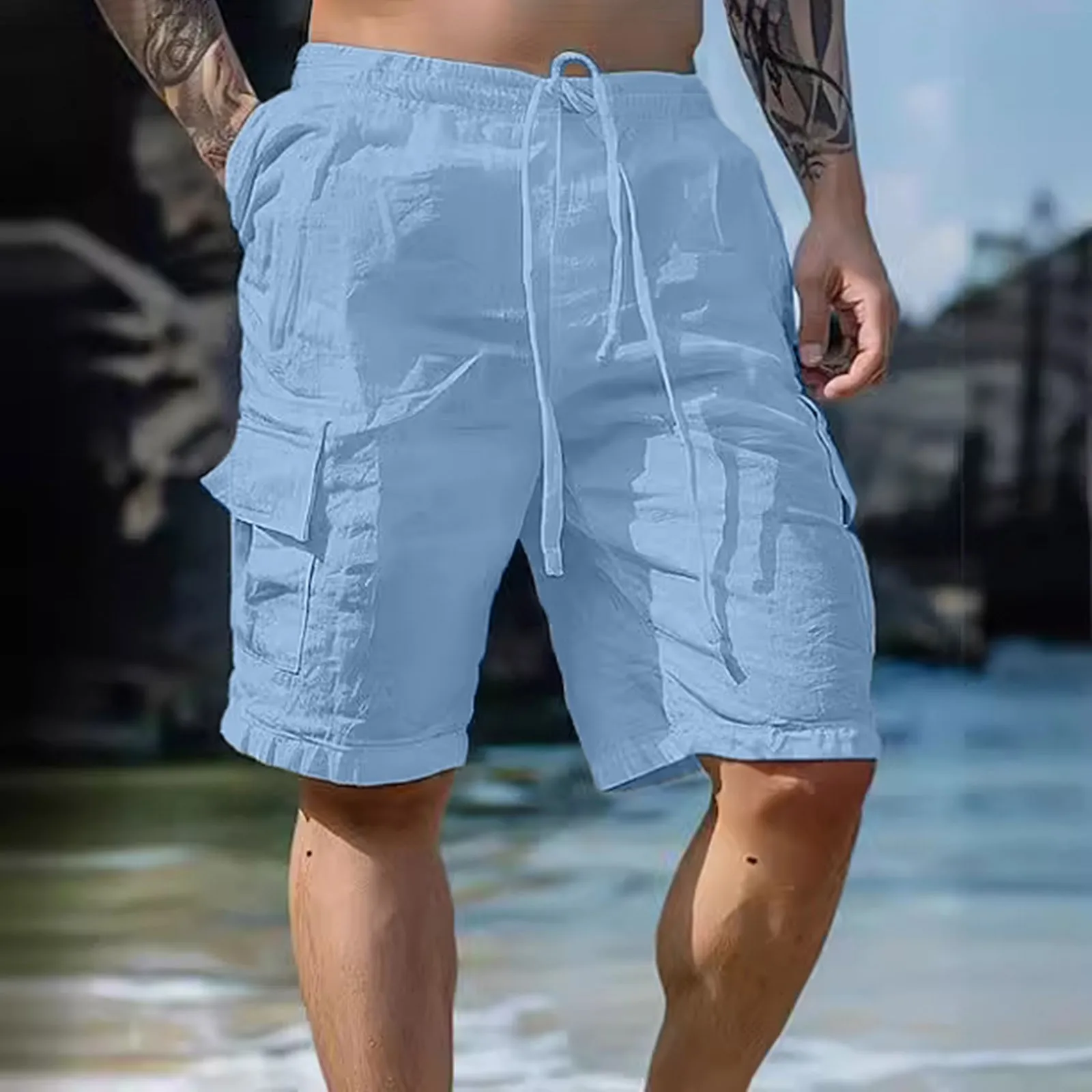 Summer Fashion Loose White Cargo Shorts Men's Handsome Streetwear Beachwear Solid Color With Pockets Shorts Workout Pants 2024