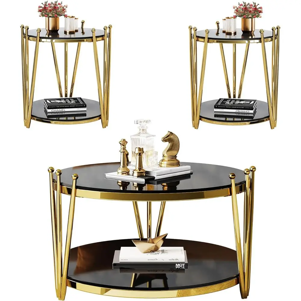

Modern 3-Piece Black & Gold Glass Coffee Table Set, 31.5 Diameter, Stainless Steel Base for Living Room