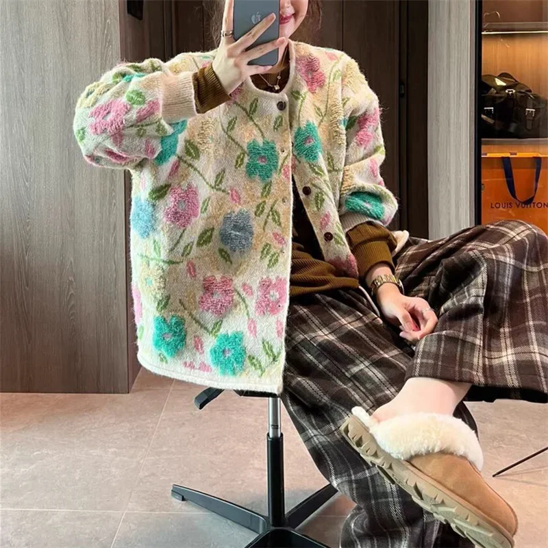 

Korean Style Lazy Fashion Autumn Sweater Jacket Loose round Neck Flower Embroidery Open Cardigan Women's Color Block Design