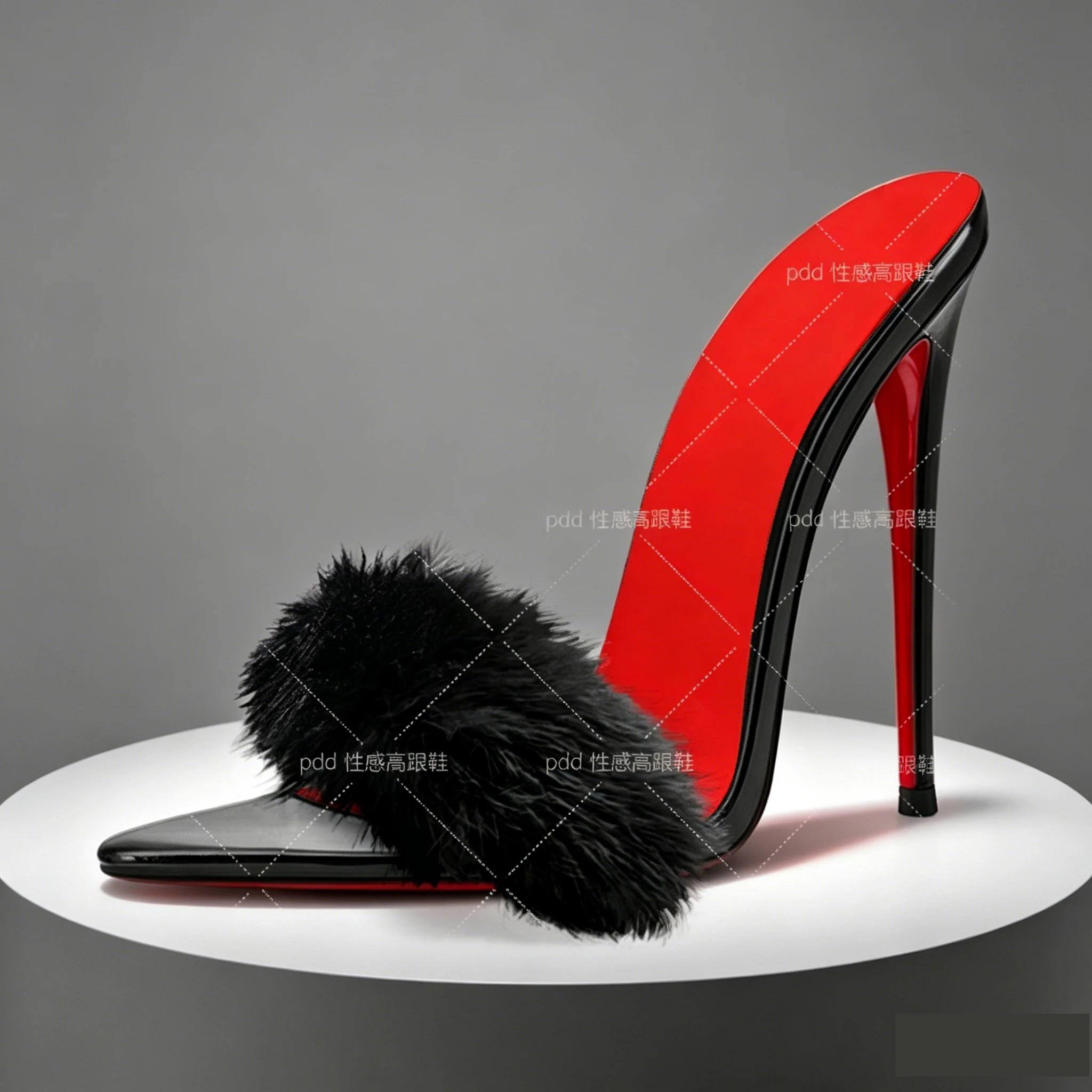 

2026 Cute Style Pink plush open-toe slipper party, 13cm fur snake-pattern stiletto heels, red sole high heels, pointed sexy
