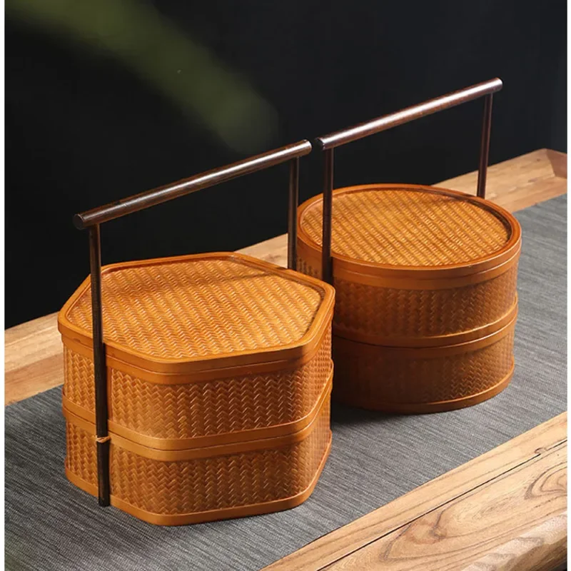 

Chinese Retro Storage Box Handmade Bamboo Woven Picnic Basket 2 Layers With Lid Bento Container Pastry Tea Set Decorative Tray