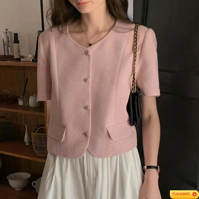 Veste courte chic coréenne pour femmes, tenue de bureau, nouveau design, japon, boutons solides, noir, rose