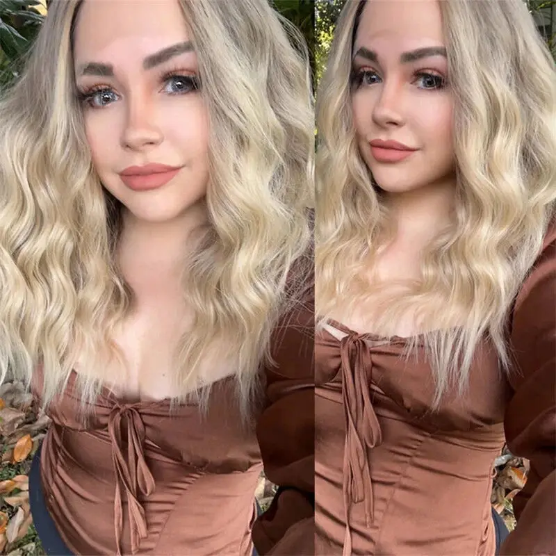 الباروكات الاصطناعية مرونة أومبير الرماد شقراء الدانتيل الجبهة الباروكات موجة عميقة غلويليس الباروكات للنساء جودة عالية ألياف مقاومة للحرارة #5