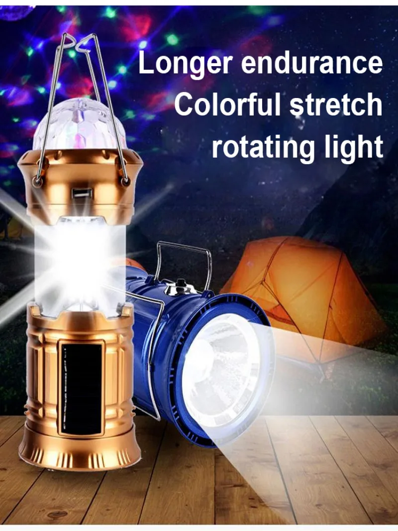 Multifunctional emergency solarpowered portable camping lights with rotating star feature