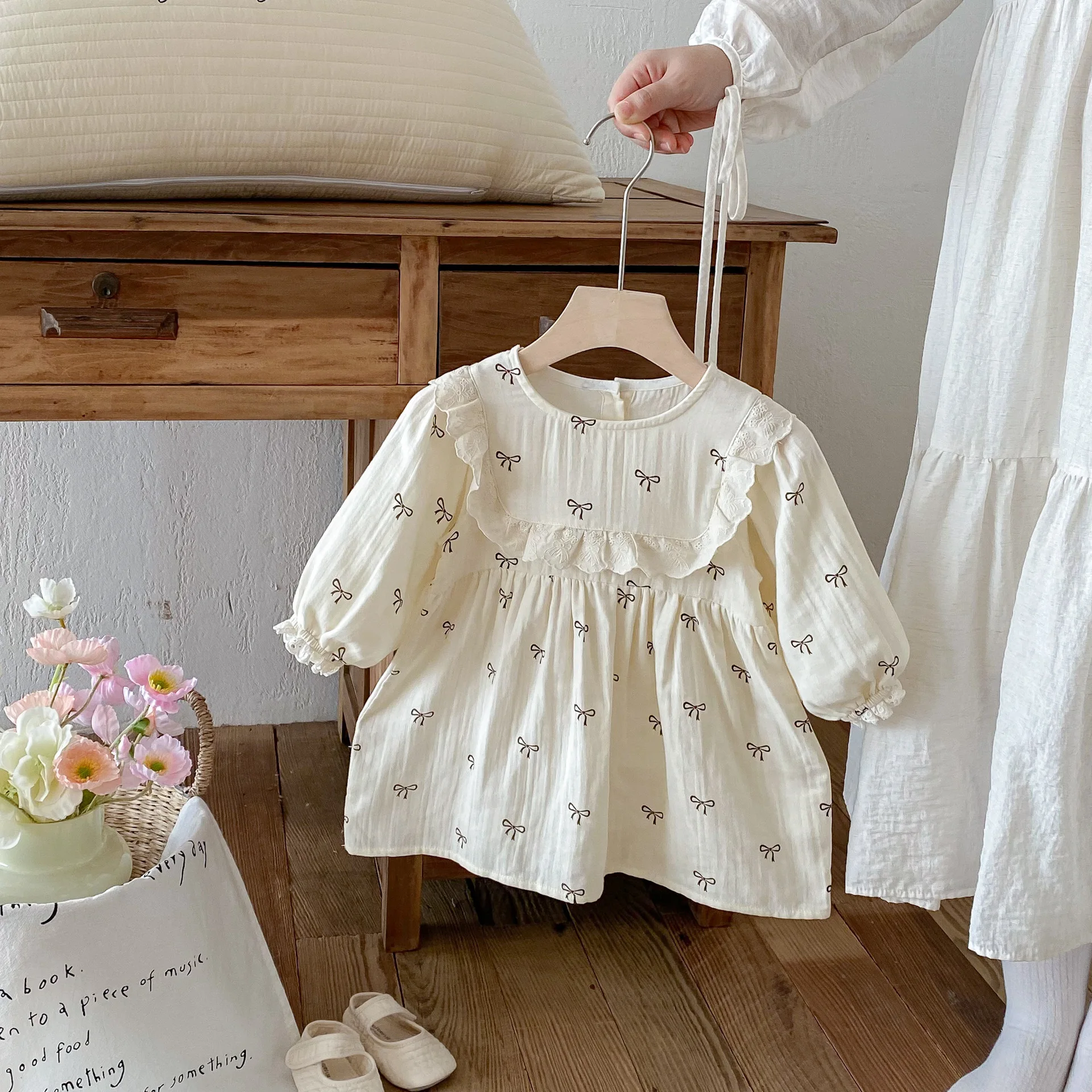 

2025 Autumn Korean Toddler Girl Dress Bow Print Lace Trim Princess Party Dresses + Casual Floral A-line Baby Clothes 1-7 Years