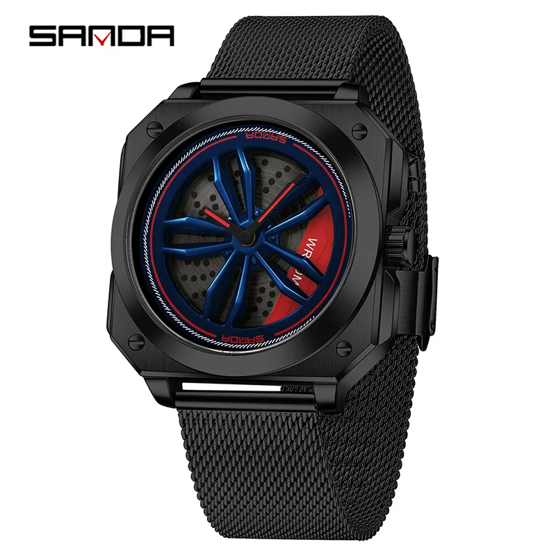 SANDA Men Square Quartz Watch Rotating Car‑Wheel Dial Waterproof Silicone Mesh Strap Racing Sport Male Wristwatch