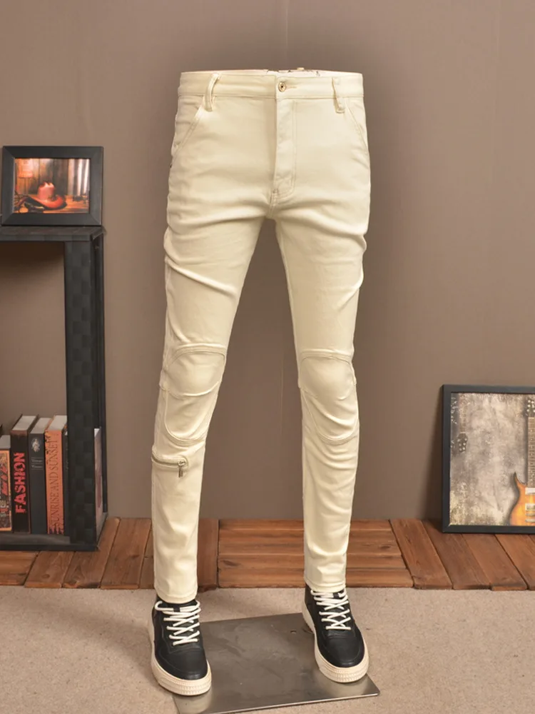2024 New Retro Washed Stitching Jeans Men's Tight Stretch Fashion Trendy Casual Motorcycle Pu Shuai Skinny Pants