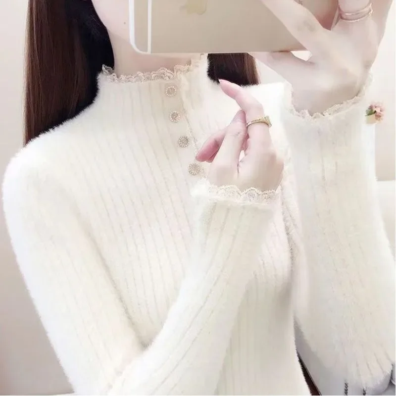 

Women's Autumn Winter Solid Turtleneck Screw Thread Flocking Lace Metal Buckle Long Sleeve Sweater Knitted Undershirt Tops