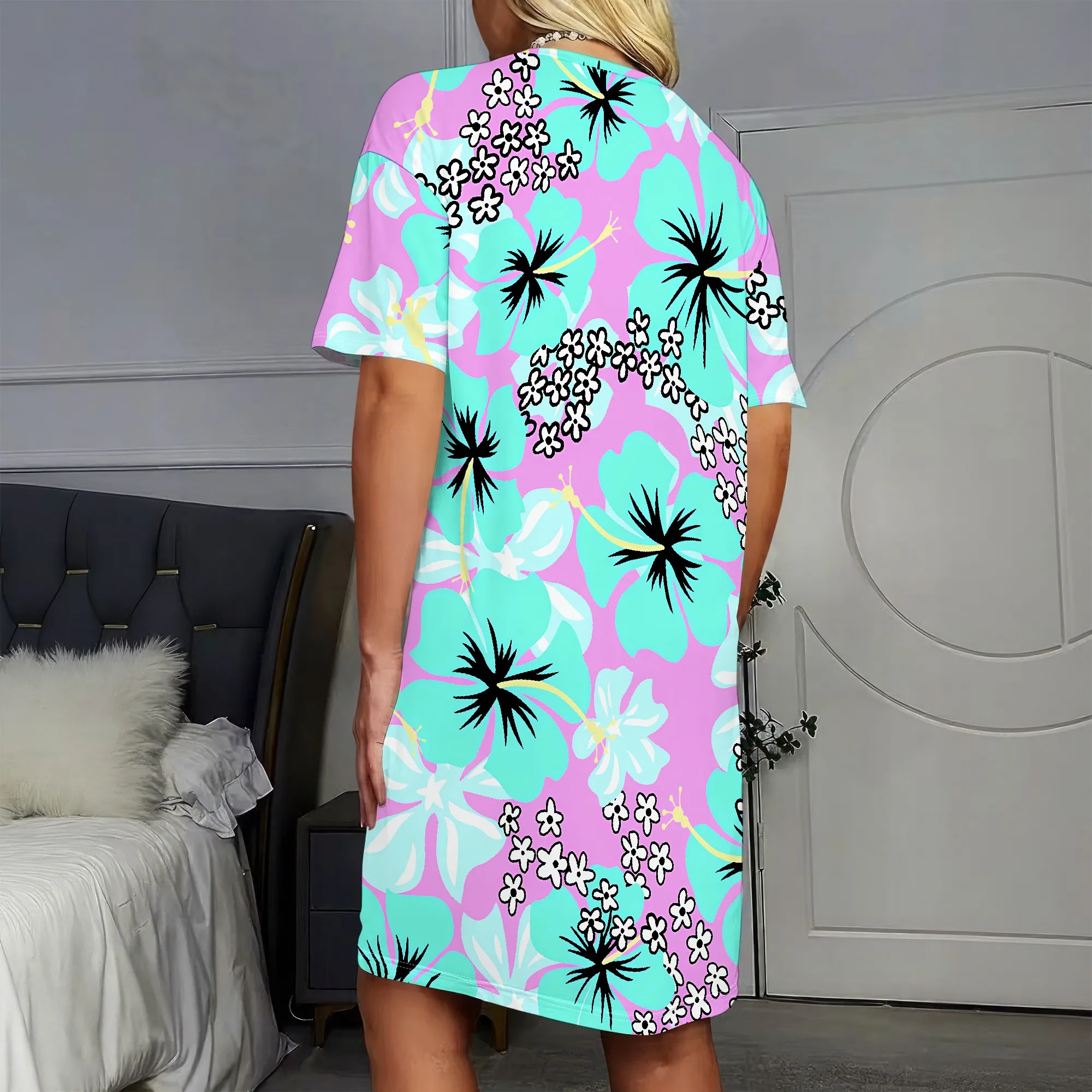 Floral Print, Short Sleeve Dress, Vibrant Pink, Tropical Hibiscus, Summer Beachwear, Casual Vacation Wear, S-2XL