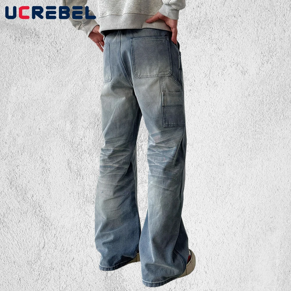 Multi-Pocket Carpenter Jeans Mens Retro High Street Straight Baggy Wide Leg Washed Distressed Denim Trousers Men