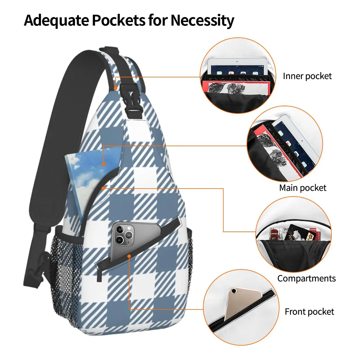 Gingham xadrez xadrez Sling sacos, peito pequeno Crossbody ombro Sling mochila, Daypacks esportes ao ar livre, padrão listrado de búfalo