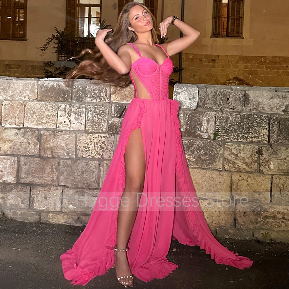 Vestido de noche Sexy con tirantes finos para mujer, traje largo con escote Corazón y volantes, color rosa, 2023