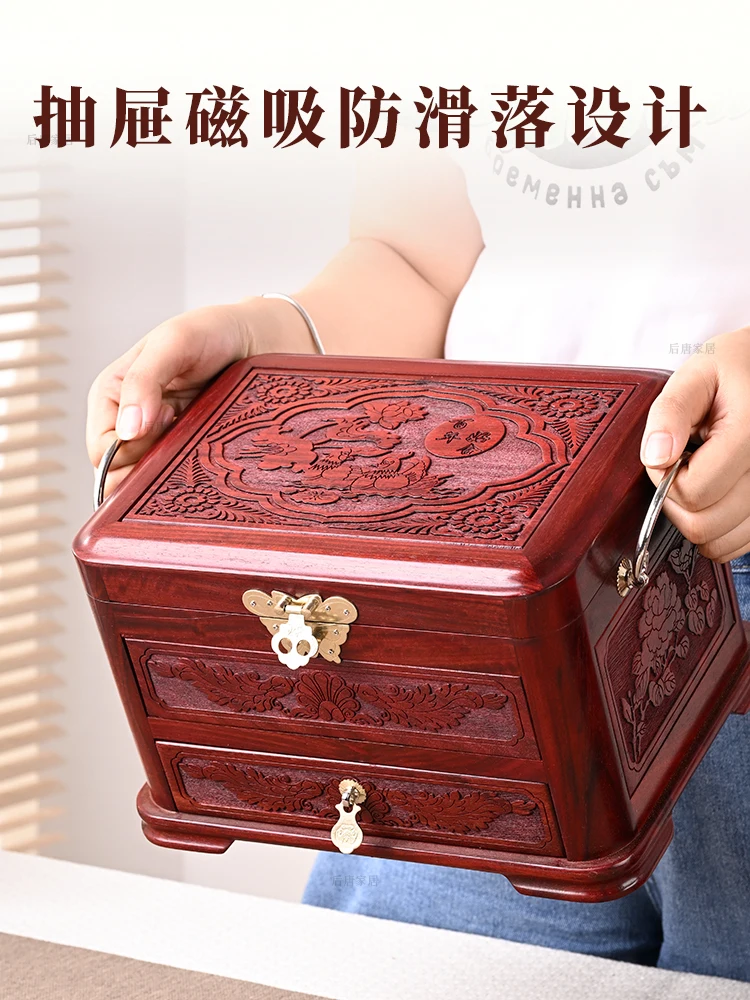Solid Wood High-End Jewelry Box Red Sandalwood Vintage Gold Jewelry Ring Exquisite Rosewood Storage Box Wedding Gift