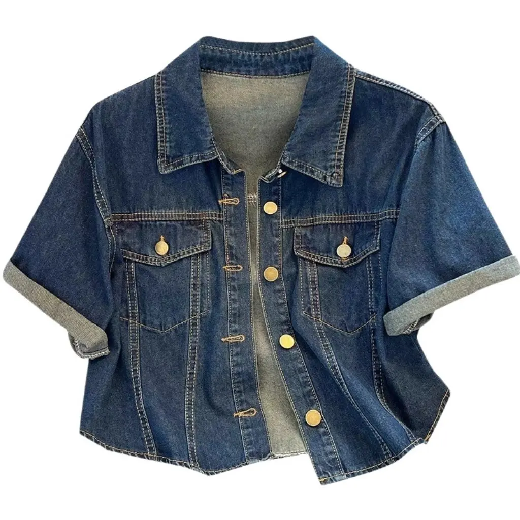 

Women's Short-sleeved Acrylic Neck Coat Casual Loose Top Shirt Thin Summer New Style for Small Men