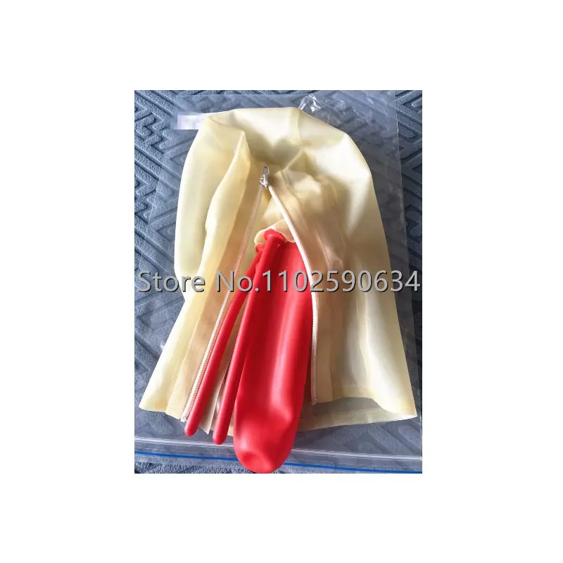 Sexy Handmade Transparent Latex Fetish Hood Mask with Red Mouth Long NoseTube Back Zipper