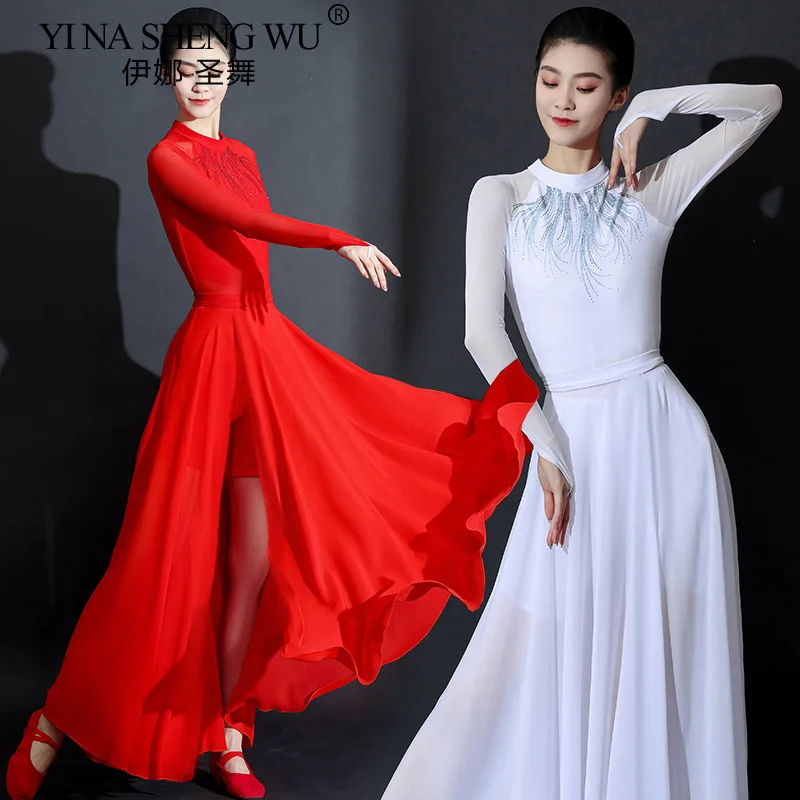 

Classical Dance Costume Elegant Red Women Chiffon Flowy Long Dancewear Opening Modern Dance Professional Performance Maxi Skirt