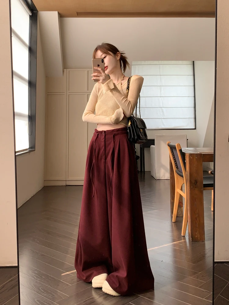 

Women Pants New Drawstring Gray Casual Pants Women's Winter High Waisted Loose Floor Pants Wide Leg Pants