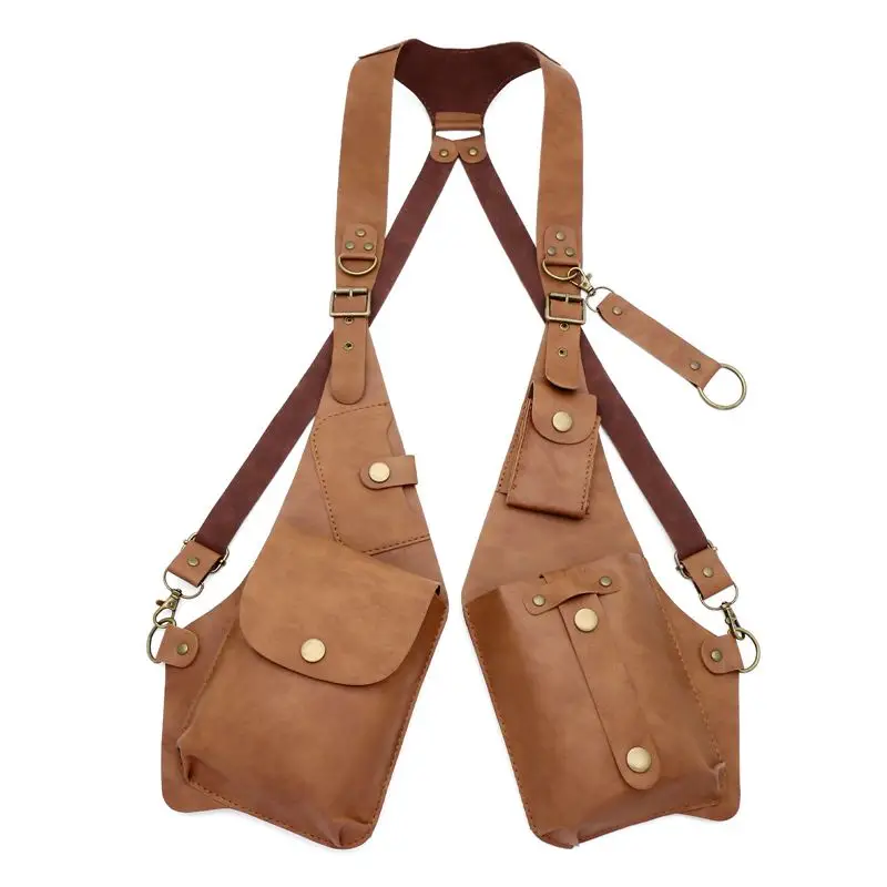 Men's Fashion Clothing Punk Chest Medieval Pu Leather Bag Retro Belt Stand Vest Motorcycle Style Hidden Anti-theft Mobile Phone