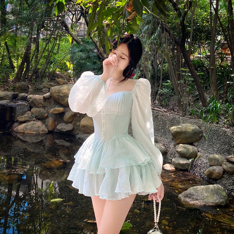 Jielur Korea Style Sweet Party Mini Dress Women Green Chiffon