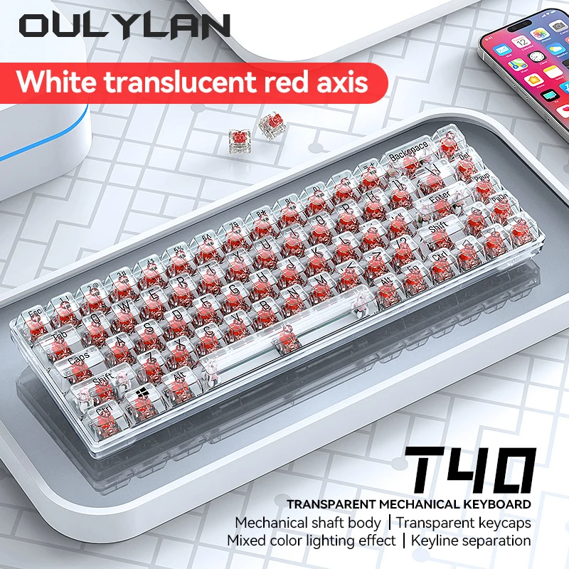 TWOLF T40 Mechanical Keyboard Fully Transparent Luminous 68 Key Gaming Keyboards Portable Tablet Laptop Keyboard