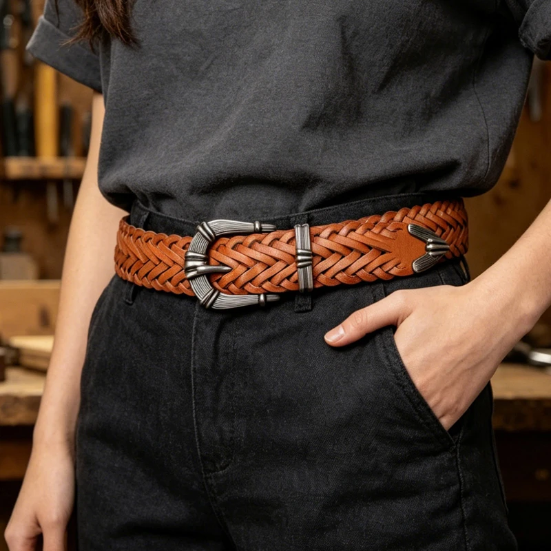 Woven All-match Belt Women Real Cowhide Pin Buckle Genuine Leather Female Jeans Belt High Quality Braided Waistband Student