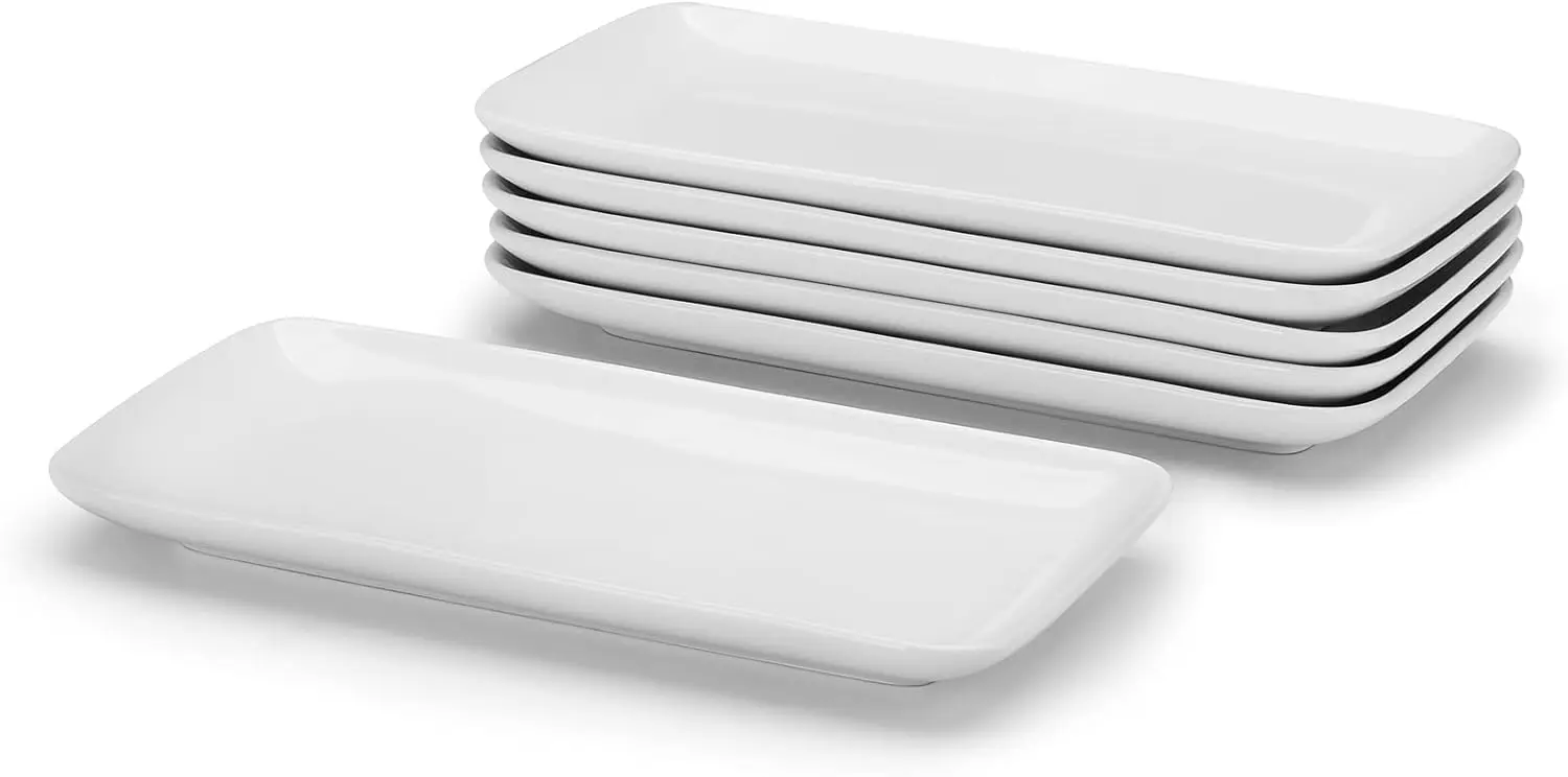 

Small Platters Set of 6, Ceramic Rectangle Plates 9 Inch, Modern Sushi Plate Set, White Serving Dishes for Serving Food,