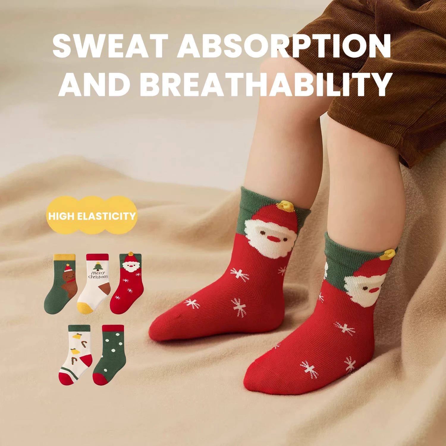 5Pairs Junior Stockings Great Red Celebration Soft and Comfortable High Elasticity Sock Breatha Thick Mid-Tube Socks  1-8Years