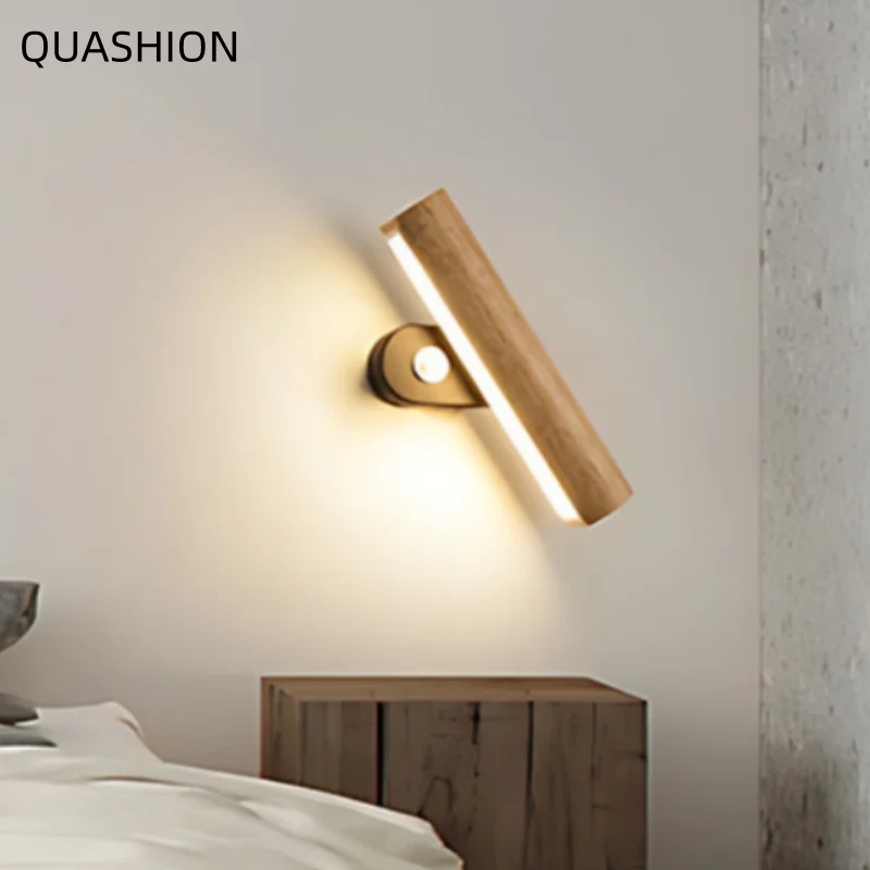 

Современный минималистичный поворотный деревянный светодиодный настенный светильник с выключателем, бра для спальни, прикроватный светильник для чтения, декоративный светильник для дома