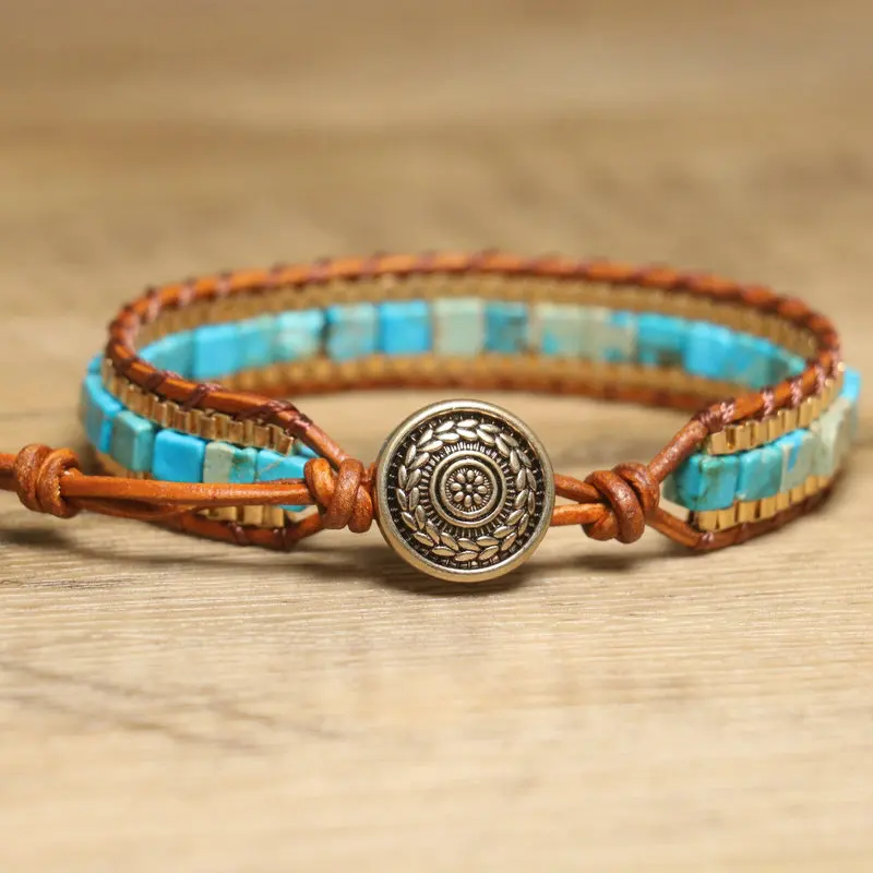 1PC Boho Blue Turquoise Bracelet for Women's Jewelry Yoga Meditation Adjustable Gemstone Stone Beaded Bracelet for Women