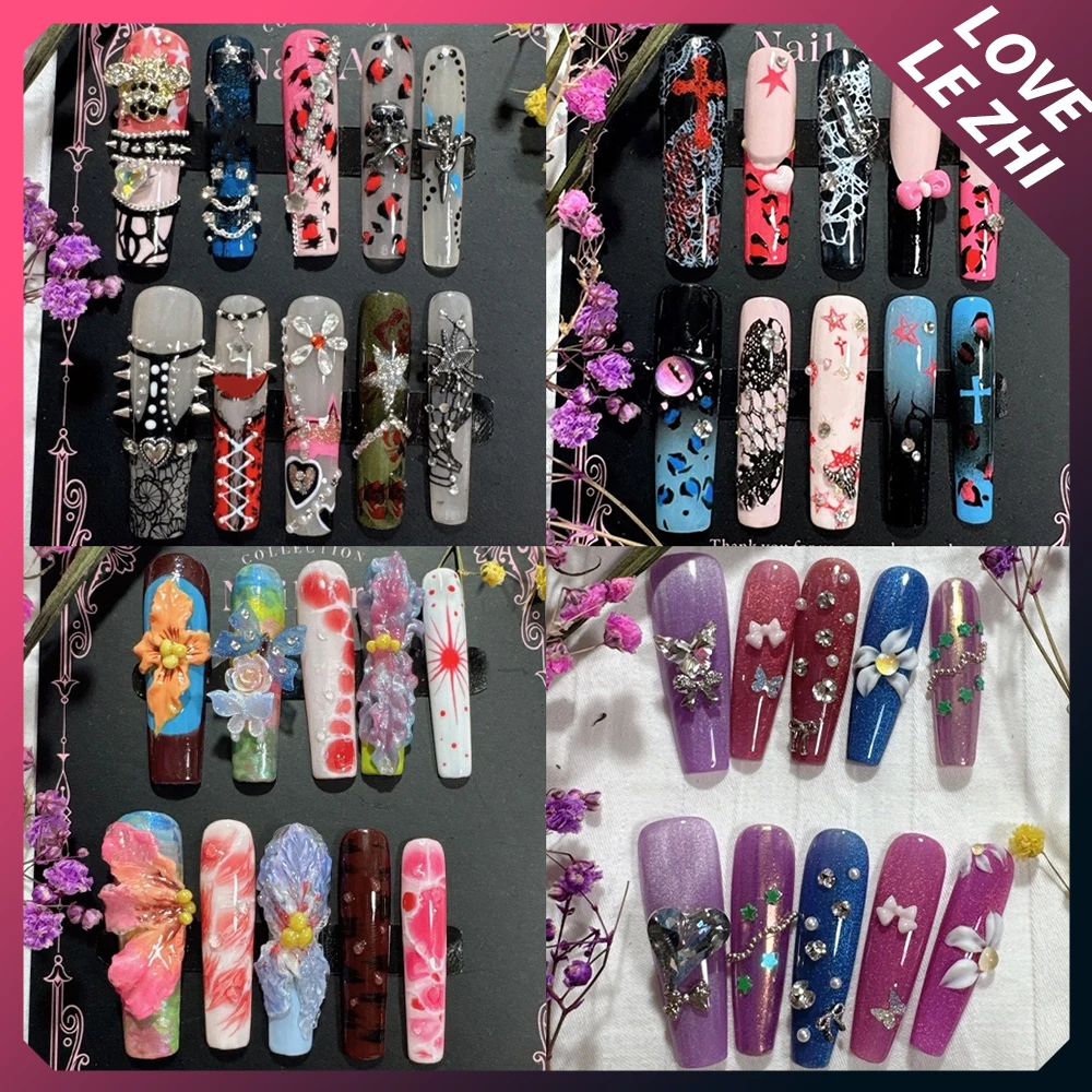 10Pcs Europe America 3D Cat Flowers Long Coffin Handmade Press On Nails Diamond Butterfly Pearl Rivets Bowknot Fake Nails